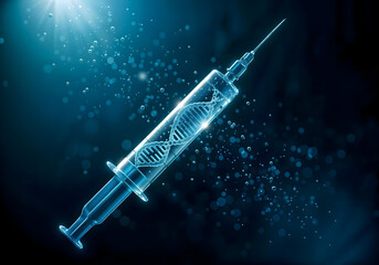 Syringe filled with DNA liquid, futuristic DNA vaccine and biotechnology concept, 3d render