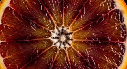 Macro Shot of Blood Orange Slice Detail Fruit Texture Juicy Pulp Healthy Food Nutrition Vitamin C Citrus Vegetarian Diet Close Up