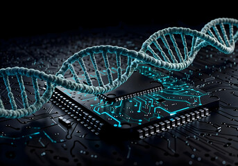 DNA integrated into microchip, biotechnology and digital genetics concept, 3d render