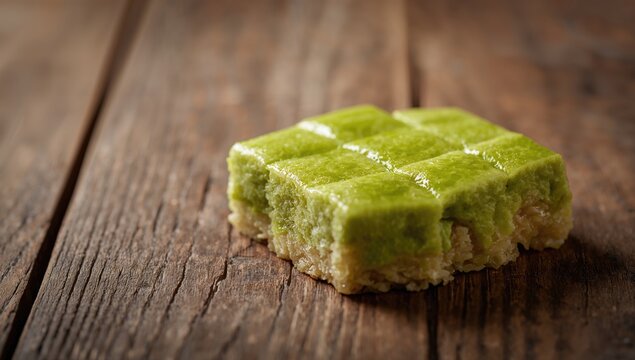 Sticky Rice Dessert with Pandan Cream on Wooden Background, Close-Up with Blurred Edges and Space for Text