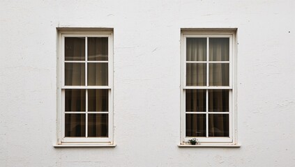 Fototapeta premium A white-framed window featuring brown curtains set against a pale wall, with two glass sections each divided into four horizontal parts, and a small plant resting on the sill.