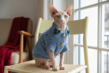 Naklejka na ściany i meble A Sphynx cat in a festive blue Christmas sweater with jingle bells. Portrait of a hairless pet dressed for the holidays. Funny Christmas Jumper Day concept