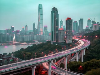 Fototapeta premium Night traffic in hong kong city with glowing lights and skyscrapers