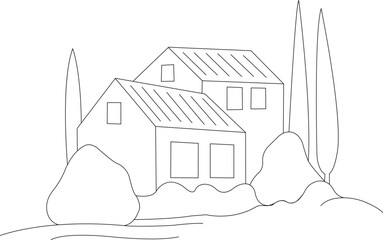Minimalist House Line Art – Modern Continuous One Line Drawing of Cottage and Trees, Simple Architectural Landscape Illustration