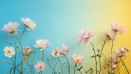 Fototapeta premium Floral arrangement against a backdrop of blue and yellow hues. Simple artistic style