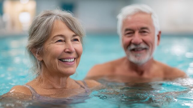 Happy senior couple swimming together in pool enjoying active healthy lifestyle