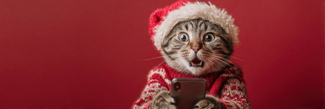Funny Christmas cat wearing Santa hat and red sweater holding smartphone on red background