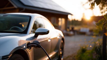 Naklejka premium Charging electric car in garage near house modern house with solar panels on roof sustainable living residential EV charging renewable energy integration green home technology