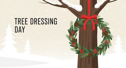 Tree Dressing Day illustration with a festive wreath hanging on a snowy tree. Winter holiday decoration in a snowy landscape. Vector graphic banner