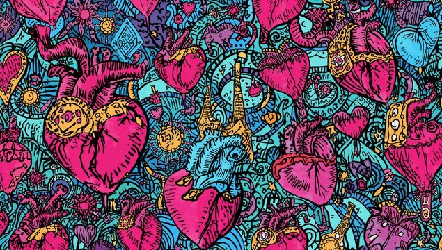 Abstract hand-drawn retro heart design, seamless pattern for UI backdrop