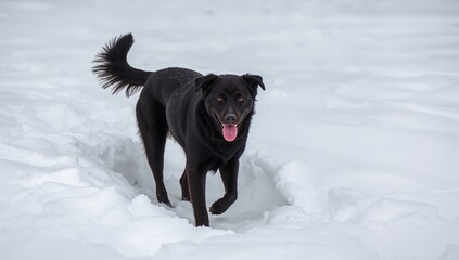 Black dog traversing a snow mound, highlighting winter playfulness