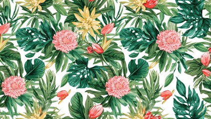 Vibrant floral design featuring tropical leaves and various flowers, suitable for editorial header background