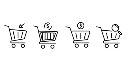 Hand drawn shopping cart icons showing different stages of online shopping and commerce vector