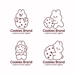 Charming cookie logo set featuring cute bunny characters hugging and holding oversized cookies. Brown monoline illustration for bakery branding and dessert identity.