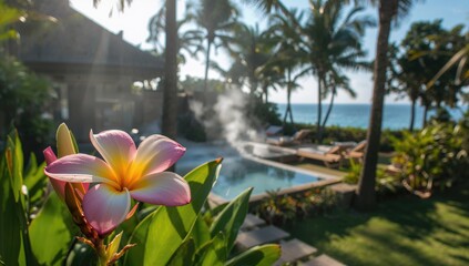 Outdoor spa featuring vibrant pink frangipani blossoms in a tropical environment