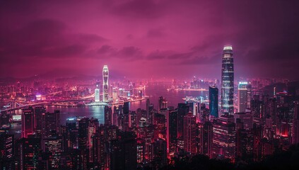 Fototapeta premium Intelligent connectivity and networking idea with a futuristic city skyline at night, vibrant cyberpunk hues, and a wide-angle view
