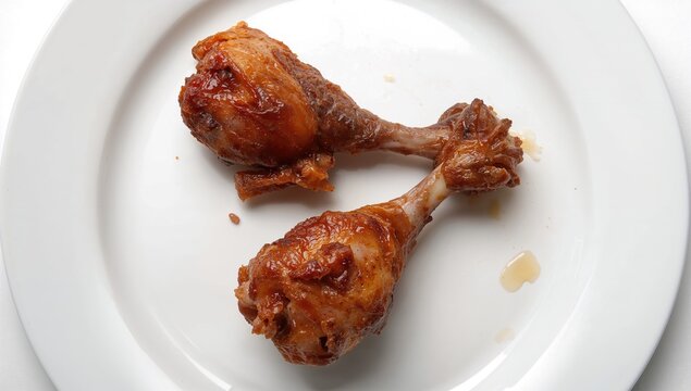 Two chicken bones remaining on a white dish, viewed from above, representing unhealthy fast food chicken legs