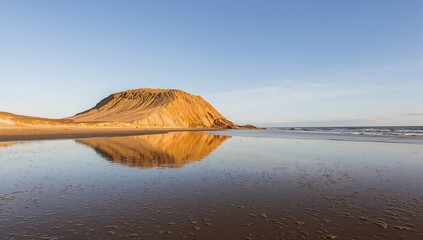 Mirror image of a rocky hill on a damp beach with a sandy seashore, bright natural colors, clear blue sky, and calm sea