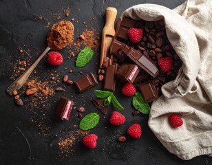Scattered chocolate pieces with raspberry filling, mint leaves, raspberries, scattered cocoa, cocoa spoon, cocoa beans in a cloth bag, top view, black table.
