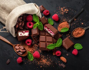 Scattered chocolate pieces with raspberry filling, mint leaves, raspberries, scattered cocoa, cocoa spoon, cocoa beans in a cloth bag, top view, black table.