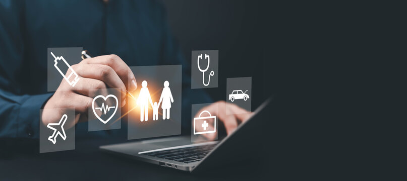 Businessman using laptop with digital insurance icons, symbolizing health, family, travel, and car protection through innovative online insurance technology concept health protection, safety,