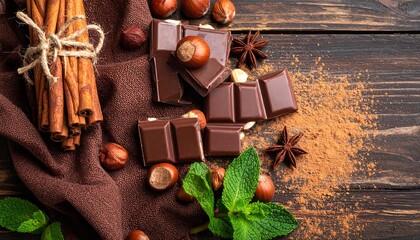 Chocolate pieces, hazelnuts, anise, brown cloth, cinnamon sticks in strings, mint leaves, scattered cocoa, top view, wooden table.