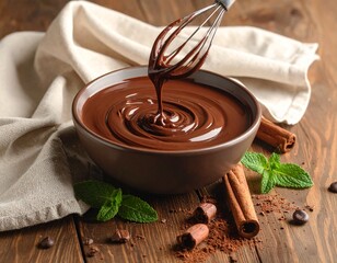 Melted chocolate in a bowl, a whisk with dripping chocolate, a beige cloth, cinnamon sticks, mint leaves, spilled cocoa, a wooden table.