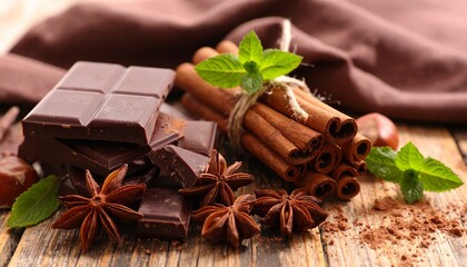 Chocolate pieces, hazelnuts, anise, brown cloth, cinnamon sticks in strings, mint leaves, scattered cocoa, wooden table.