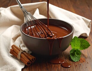 Melted chocolate in a bowl, a whisk with dripping chocolate, a beige cloth, cinnamon sticks, mint leaves, spilled cocoa, a wooden table.