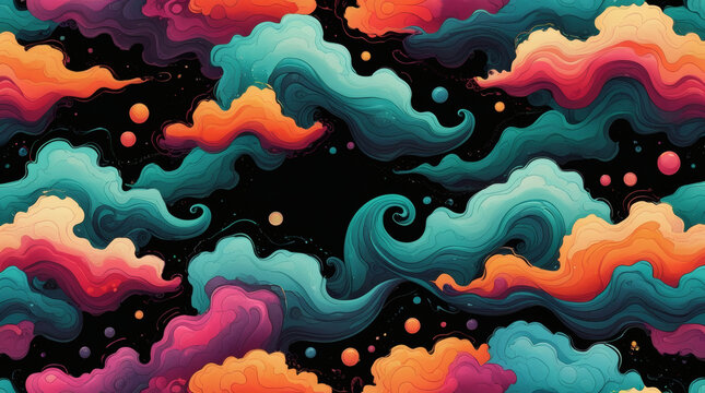 Surreal dreamscape featuring an abstract pattern of multi-colored, flowing clouds in a dynamic and vibrant composition against a black background