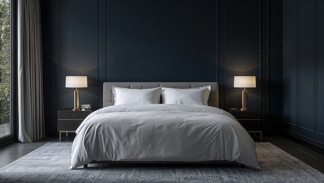 Contemporary sleeping area featuring deep blue walls and a main bed flanked by dual bedside lamps on nightstands.