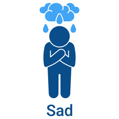 Sad Icon in Duotone Solid Style. Unhappy emotion, tear, and crying symbol. Melancholy vector.