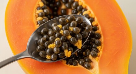 Spoonful of Papaya Seeds Close Up Detail of Tropical Fruit Nutrient Rich Healthy Snack Diet Food Exotic Seed Dessert Organic Fresh Vitamin Health Benefits