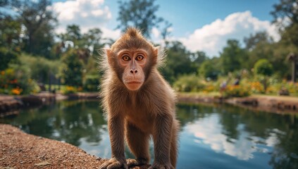 Naklejka premium Primate by the sacred water body in natural surroundings, wildlife, mammal, outdoor portrait