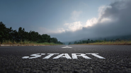 A Paved Road with Start Marking Under Cloudy Sky at Dawn