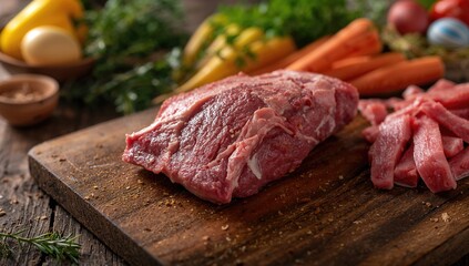 Raw lamb ribs arranged on a rustic cutting board with vibrant vegetables and spices, protein-rich meal, Easter holiday food concept