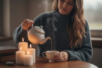 Woman in a cozy gray sweater pouring hot tea by candlelight. Relaxing at home with a warm drink. Hygge lifestyle and self-care concept