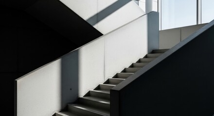 Obraz premium Modern Staircase Architecture Design, Concrete Steps Dark Accents, Sunlight Interior Minimalist Composition, Building Structure