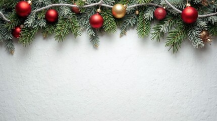 Christmas border with fir branches and red and gold ornaments. Festive holiday decoration on a textured white background. Seasonal header with copy space