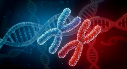 Obraz premium Human chromosomes X and Y beside DNA strand, genetic inheritance and biotechnology concept, 3d render