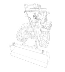 Snow plow 3D model features a large blade, four wheels, and handlebar. This wireframe bulldozer bucket set is isolated on a stark white background.