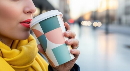 Woman with bright lipstick drinking from a colorful takeaway cup in the city. Close-up of a person enjoying a hot beverage outdoors. Urban lifestyle and joyconomy concept