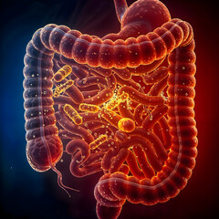 Digestive system with intestinal microbiota, probiotics and gut flora concept, 3d render