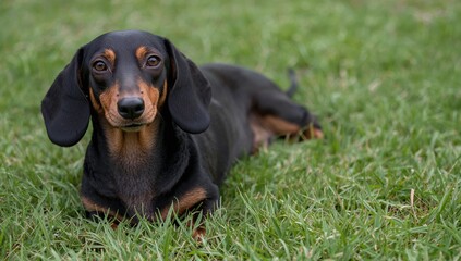 Elderly dachshund rests on lush green grass, looking toward the camera, showcasing pet companionship.