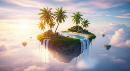Floating Tropical Island Paradise in Sky Palm Trees Waterfalls Greenery Tranquil Scene Vacation Destination Dream Landscape Ethereal Beauty Nature