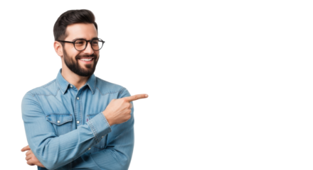 Young caucasian man, dark hair, beard, black-rimmed glasses, denim shirt, smiling and pointing right on a white studio background with copy space, concept of professional guidance