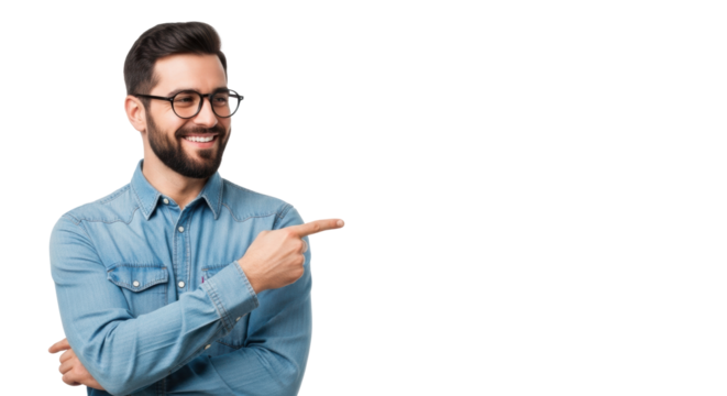 Young caucasian man, dark hair, beard, black-rimmed glasses, denim shirt, smiling and pointing right on a white studio background with copy space, concept of professional guidance