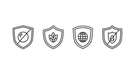 Set of four hand drawn shield icons representing safety security agriculture and global protection vector