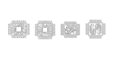 Obraz premium Close-up views of four distinct microchip circuits on a white backdrop showcasing intricate electronic components vector