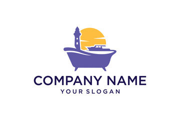 Abstract Logo Design featuring Bathtub with Lighthouse, Boat, and Sun for Travel and Relaxation